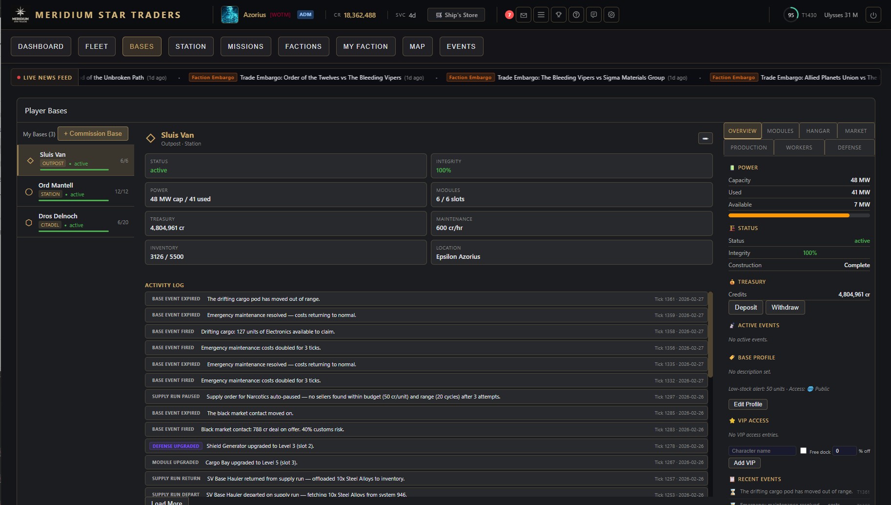 Meridium Star Traders — Player base management with modules, workers and activity log