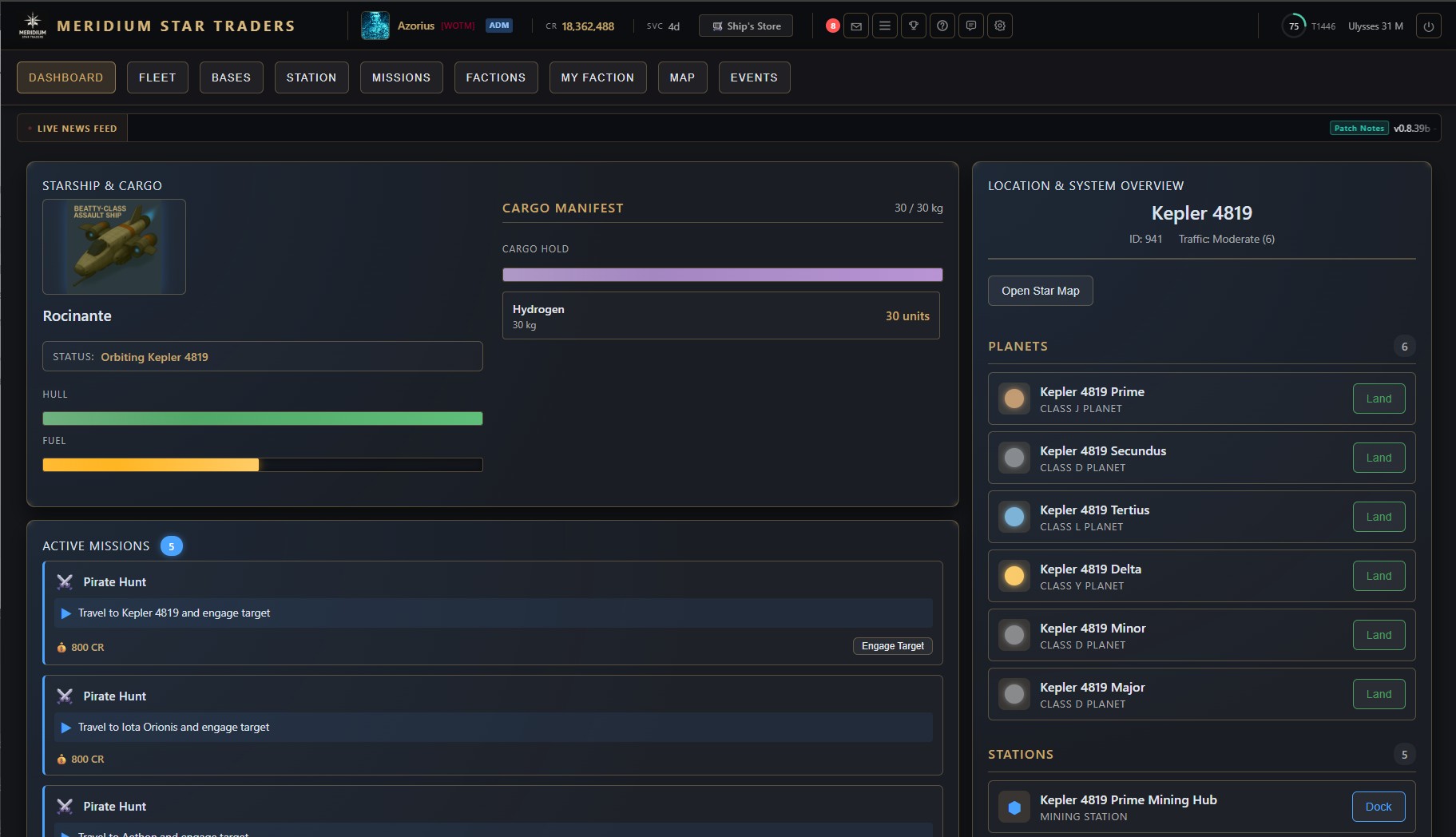 Meridium Star Traders — Dashboard showing ship, cargo, missions and system overview