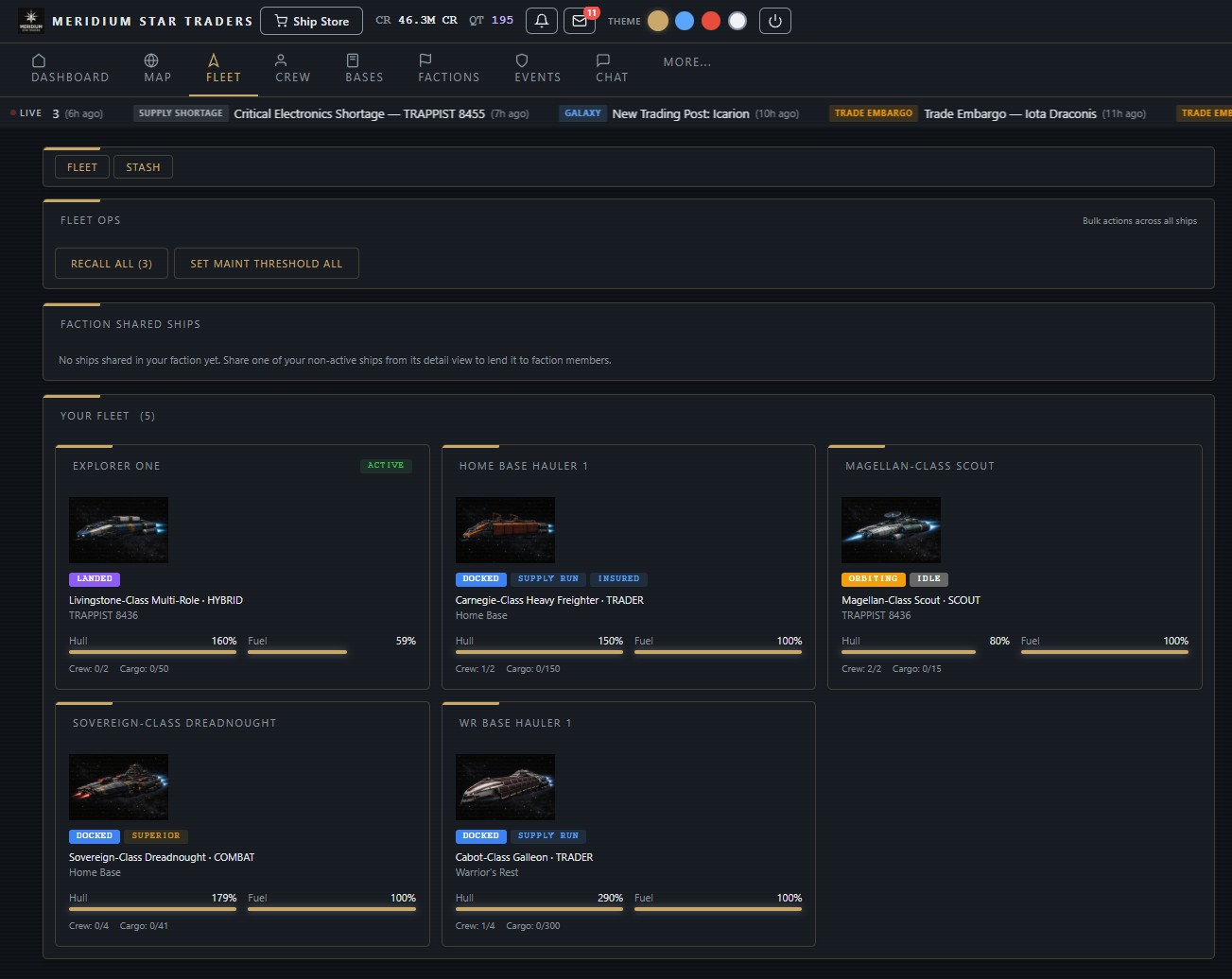 Fleet management with ship loadouts and crew