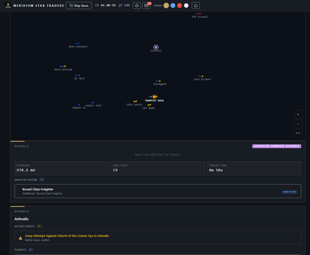 Galaxy map with star systems, factions and travel routes